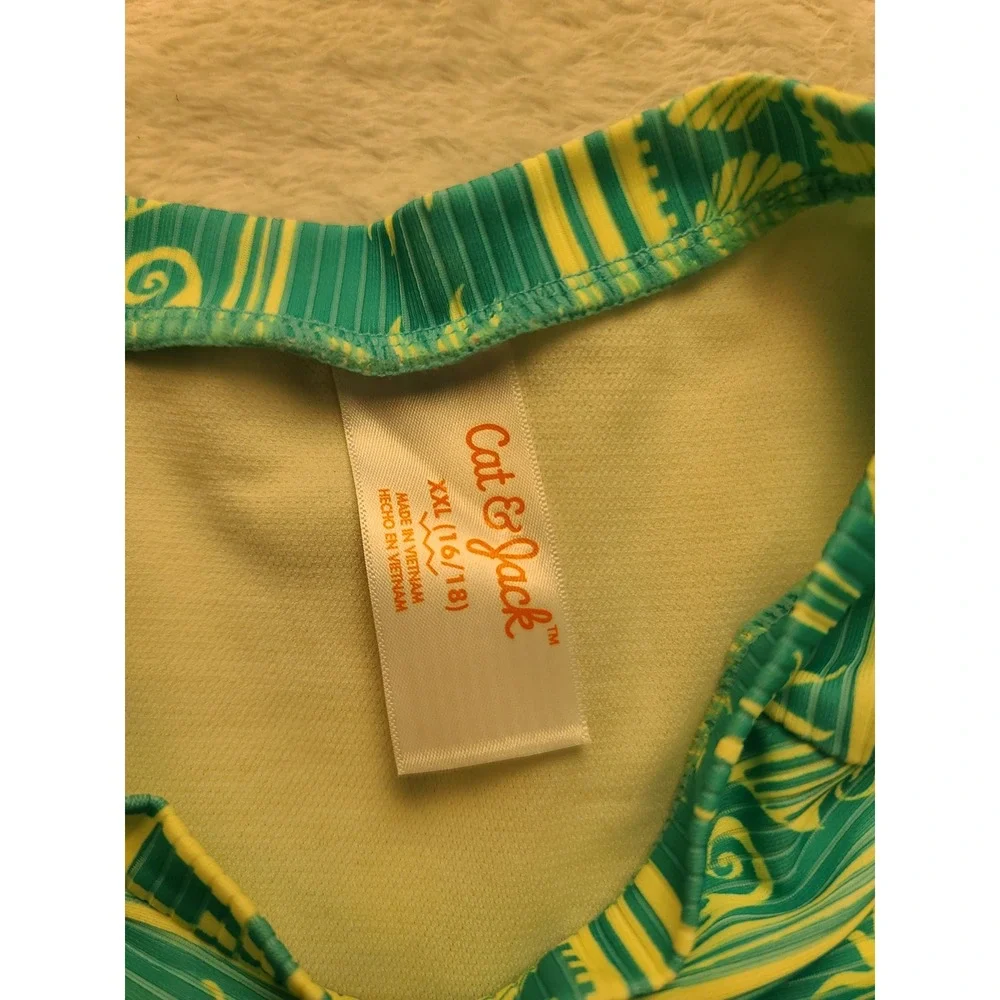 Cat & Jack Girls Rash Guard Swim Top Teal Yellow Sun Shell XXL 16/18 Sea Sun NWT